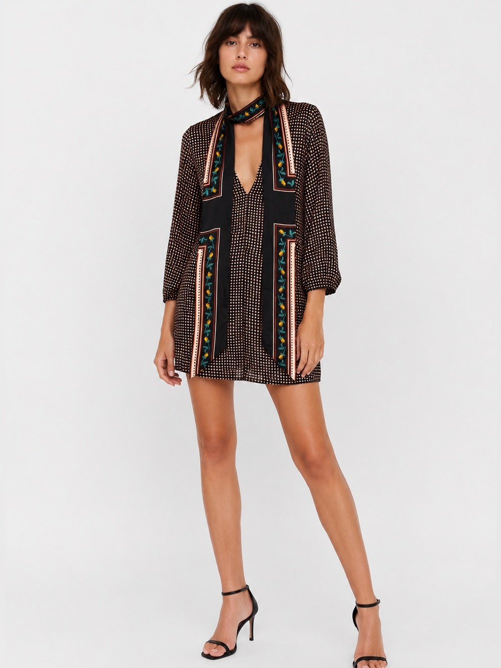 ZARA Polka Dot Floral Tie Collar Mini Dress